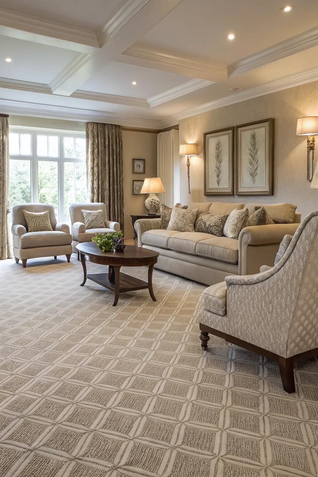 Elegant lounge showcasing layered neutral-toned carpets for added dimension