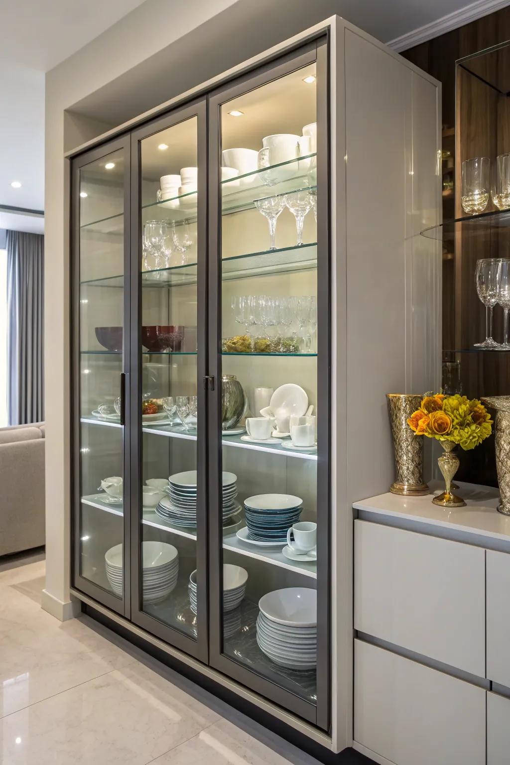 Fashionable and protective glass fronts on a display cabinet.