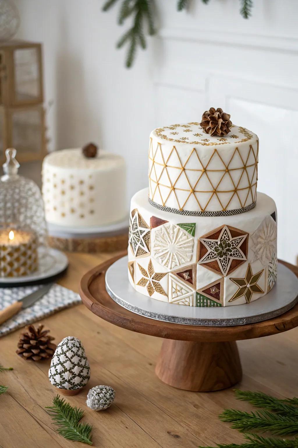 Christmas cake featuring geometric patterns