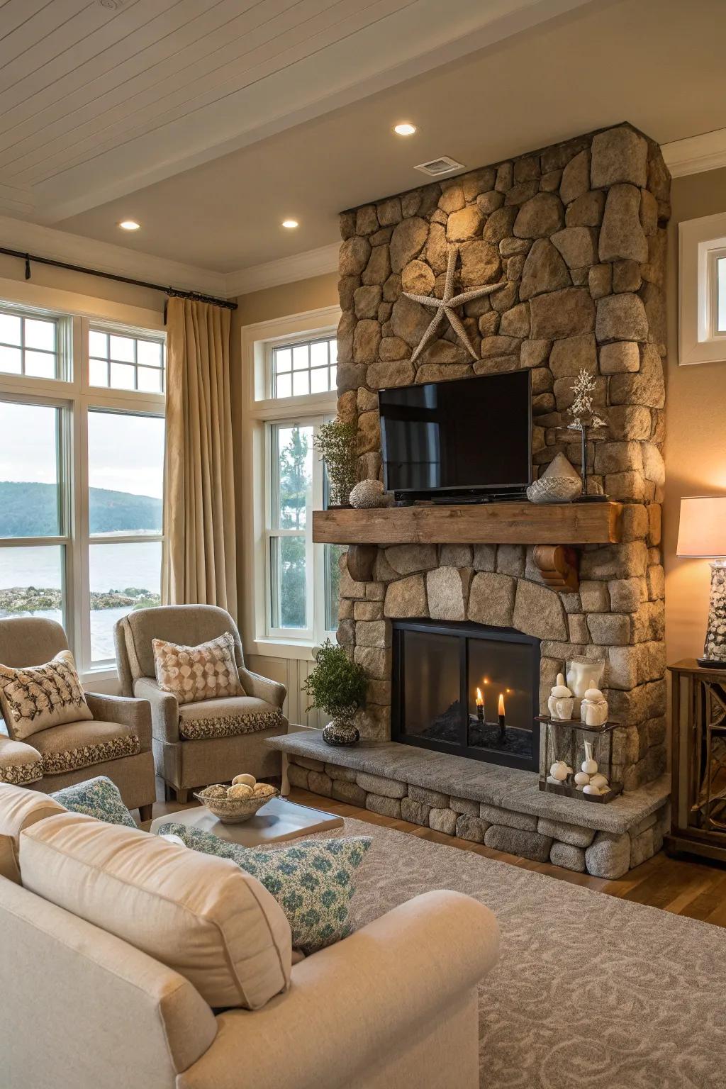 A stone hearth provides coziness and style.