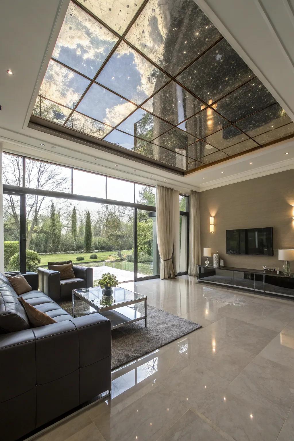 Mirror-like ceilings intensify illumination and spaciousness.