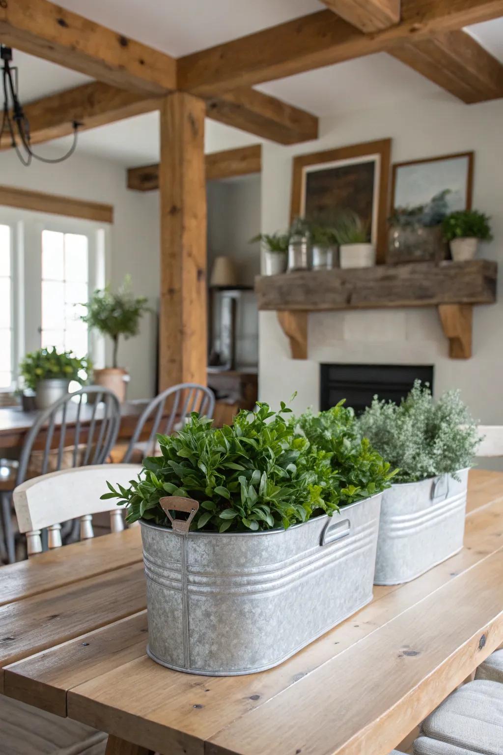 Galvanized steel lends an industrial touch to the decor.