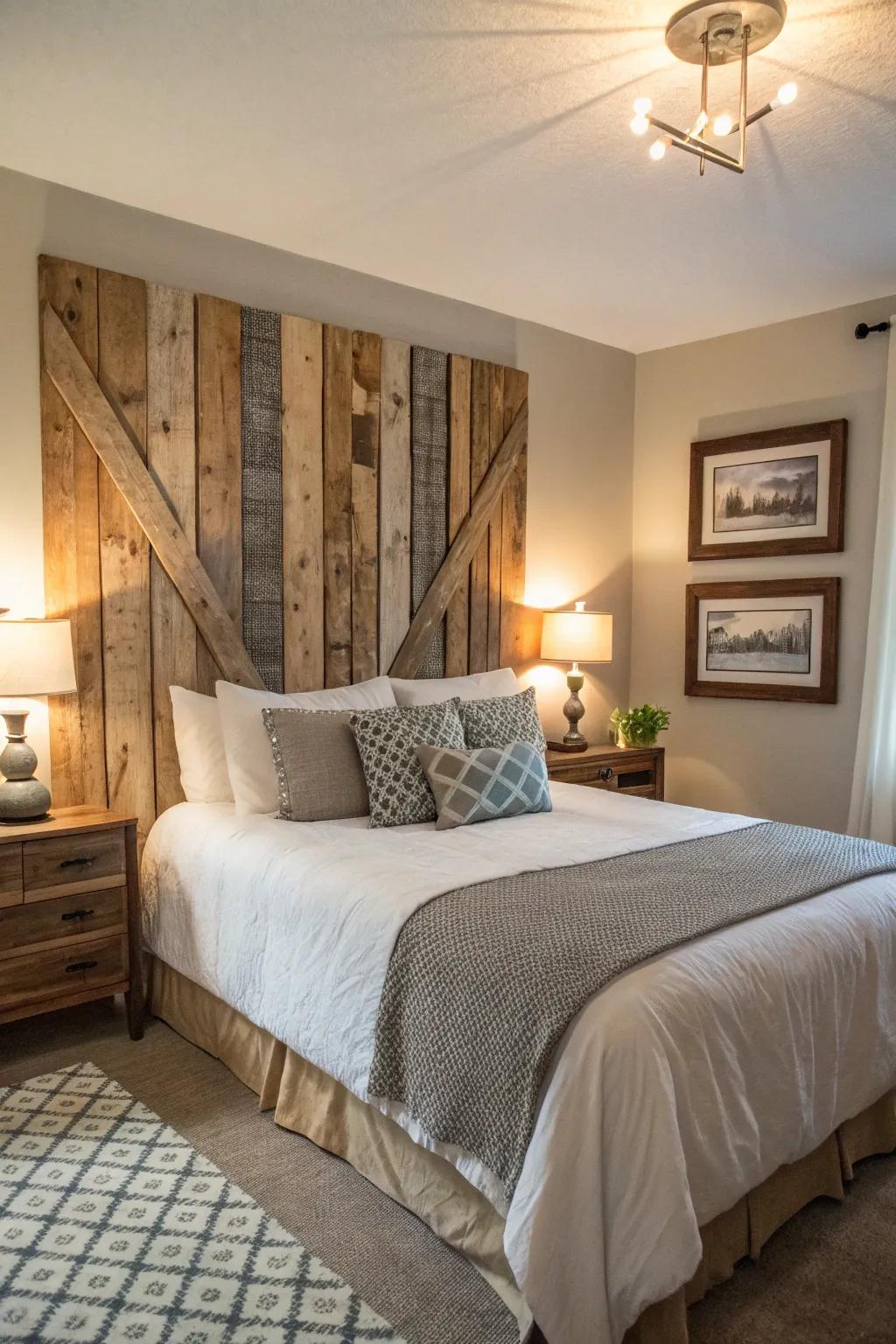 Reclaimed wood art adds a rustic narrative to this farmhouse guest bedroom.