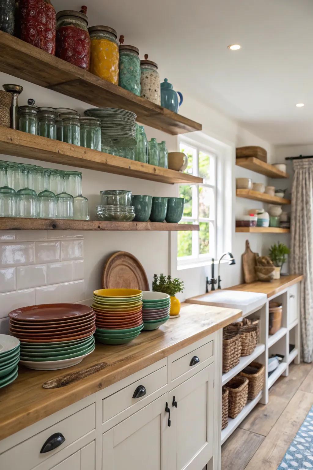 Open shelving contributes character and utility to this farmhouse kitchen.