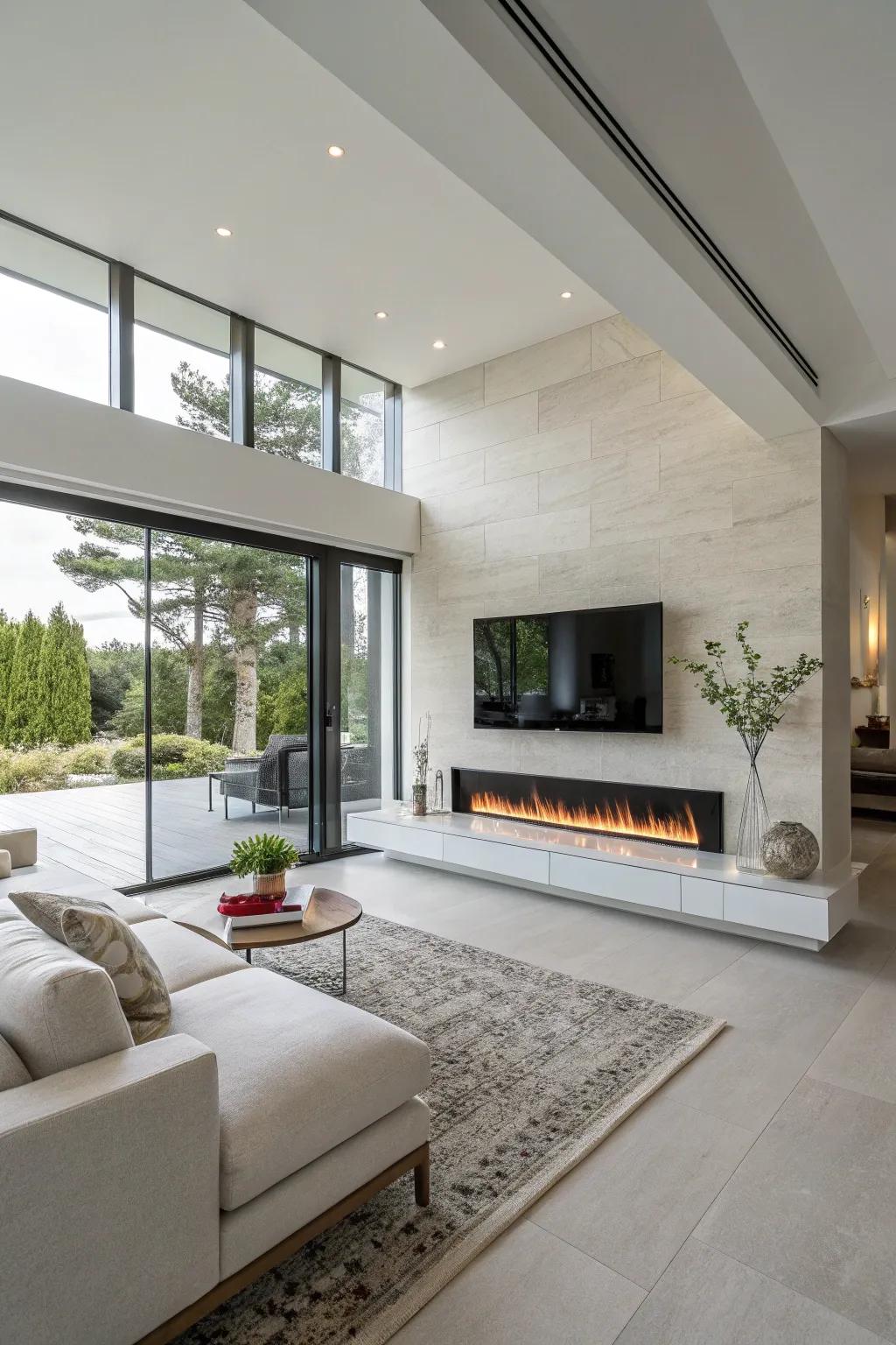 An elevated linear fireplace introduces a contemporary touch beneath the TV.