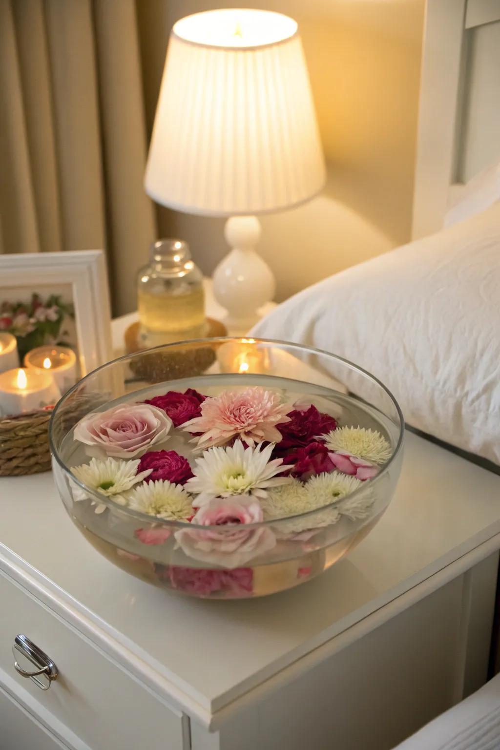 Flowers adrift creating a peaceful and refined display.