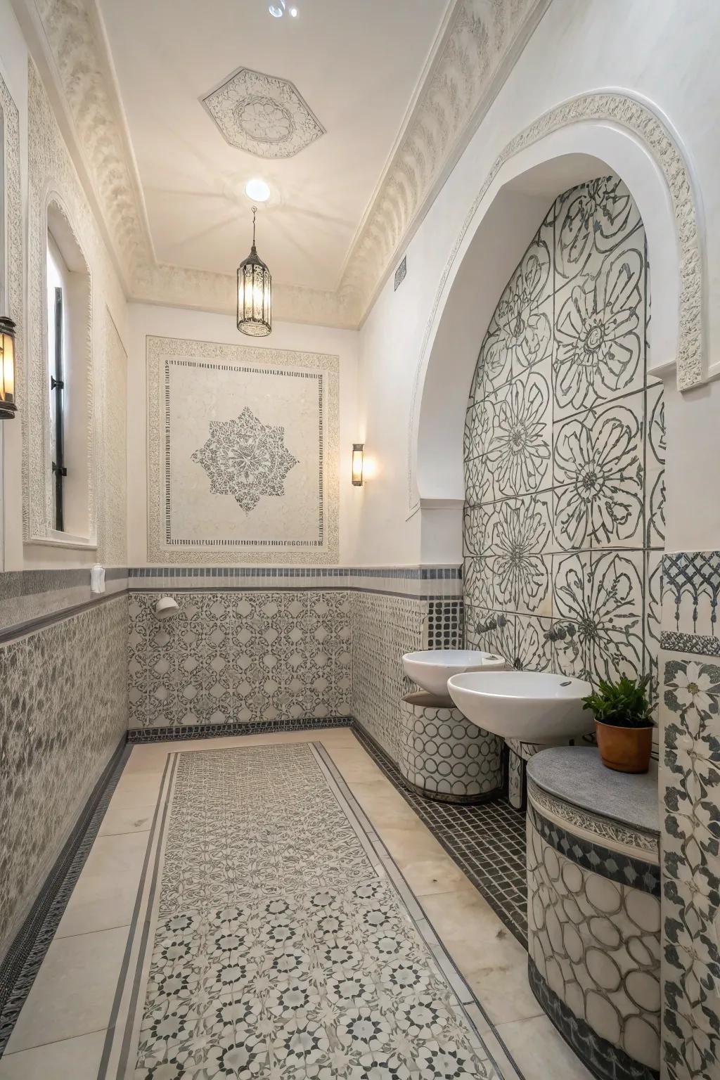 Unique tiling patterns infuse creativity and interest into the bathroom design.