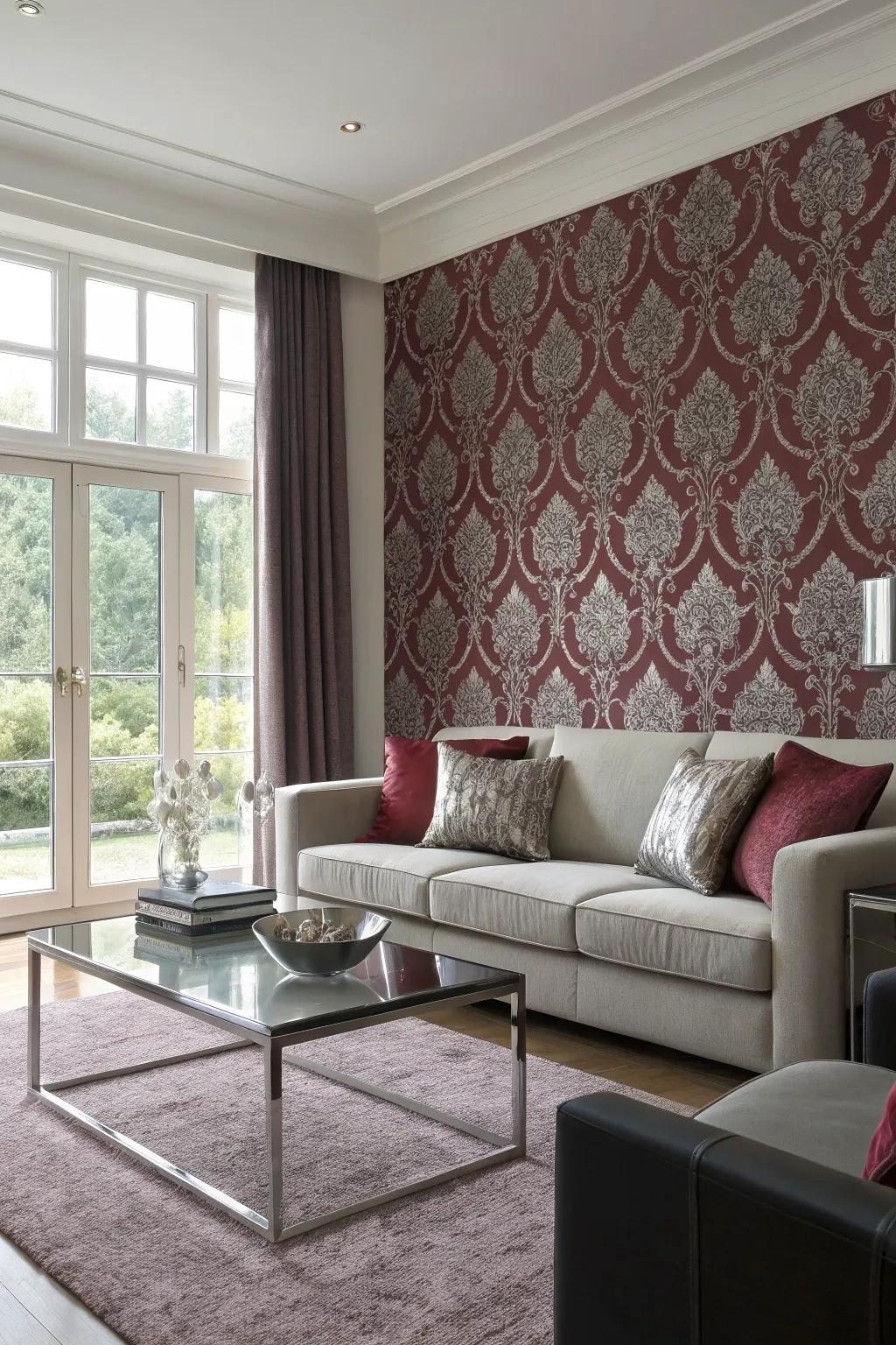 Living area featuring carmine and neutral toned patterned wall covering and contemporary furniture.