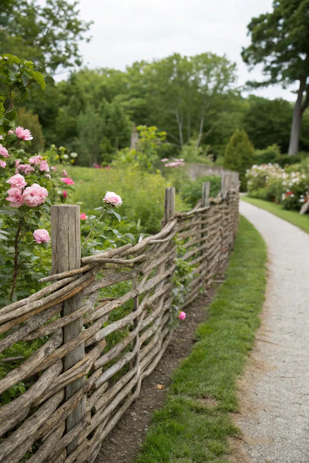 Enhance your garden with the rustic charm of an interwoven lumber fence.