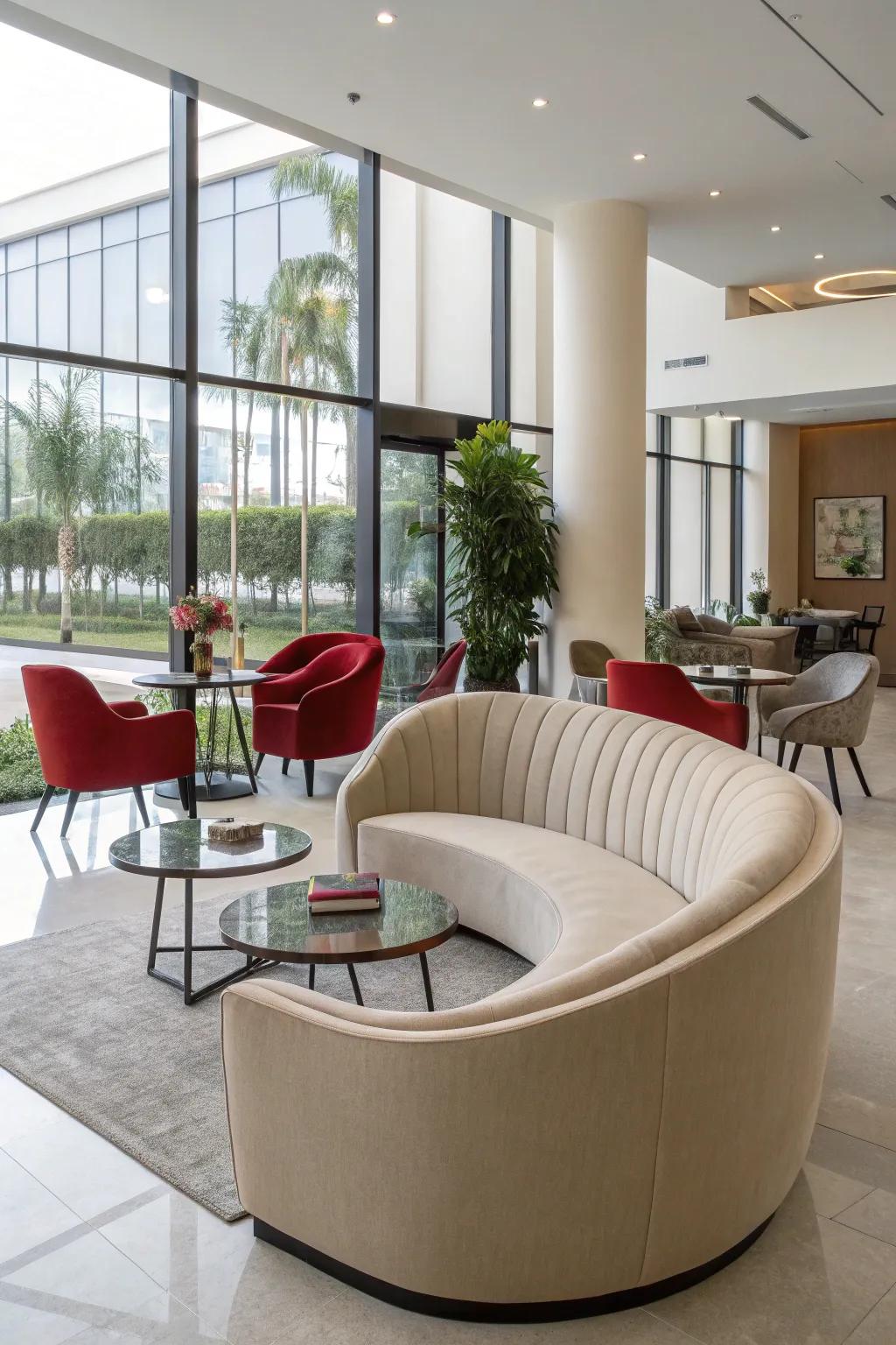 A modern interior showcases curved furniture for an elegant feel.