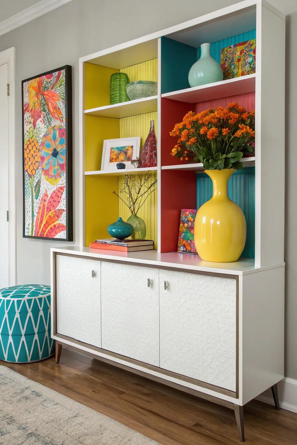Highlights of color inject dynamism and command attention towards the display cabinet.