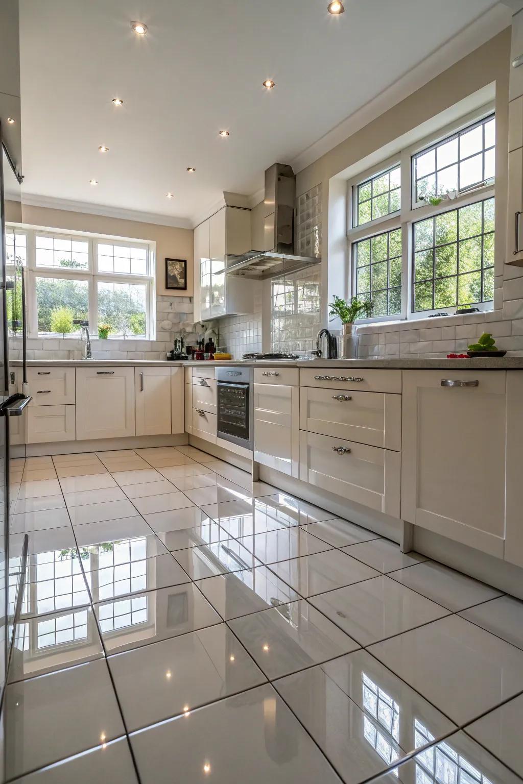 Reflected tiles give your kitchen modern shine and depth.