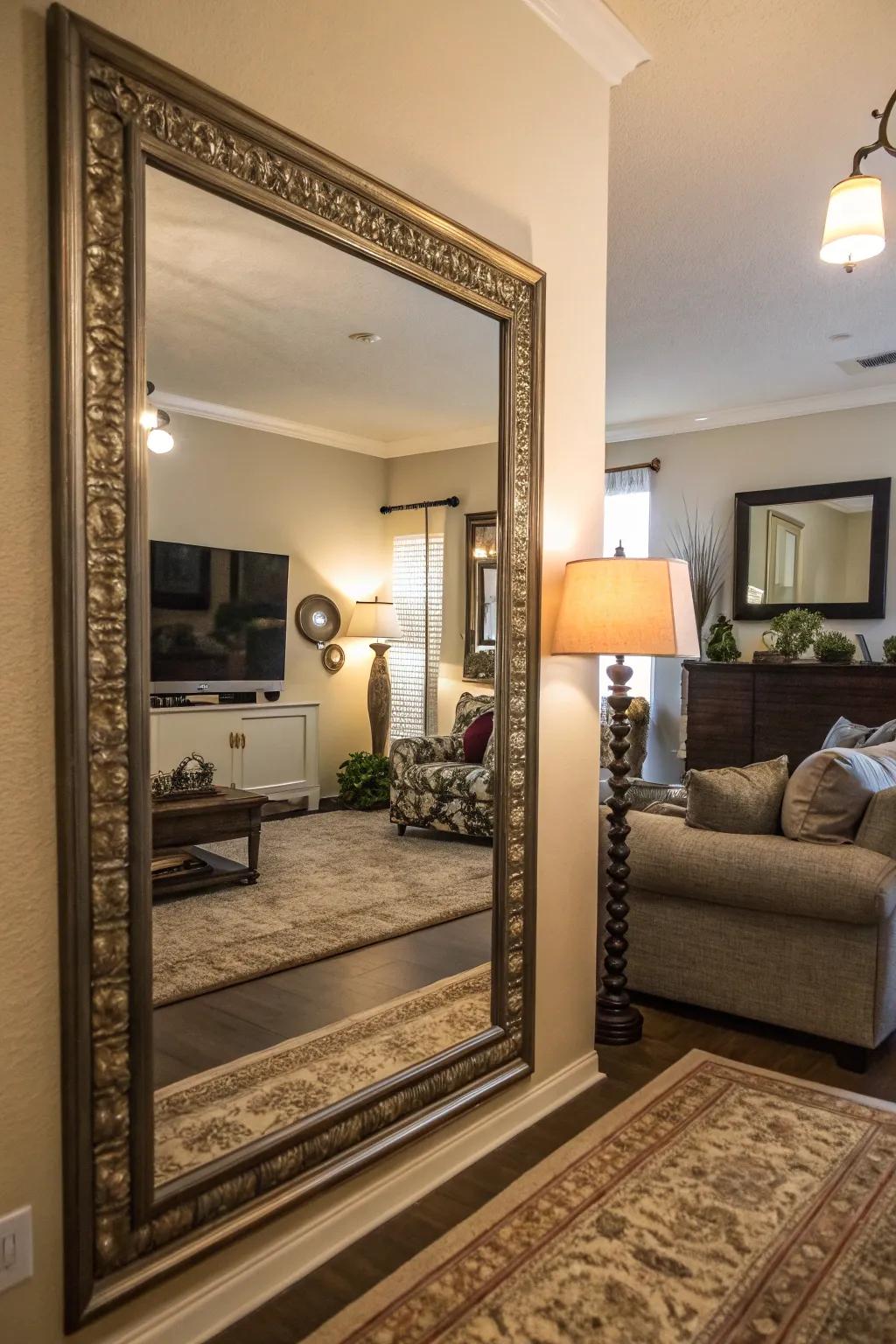 A larger sense of space and light is accomplished in the family room by using an oversized mirror.