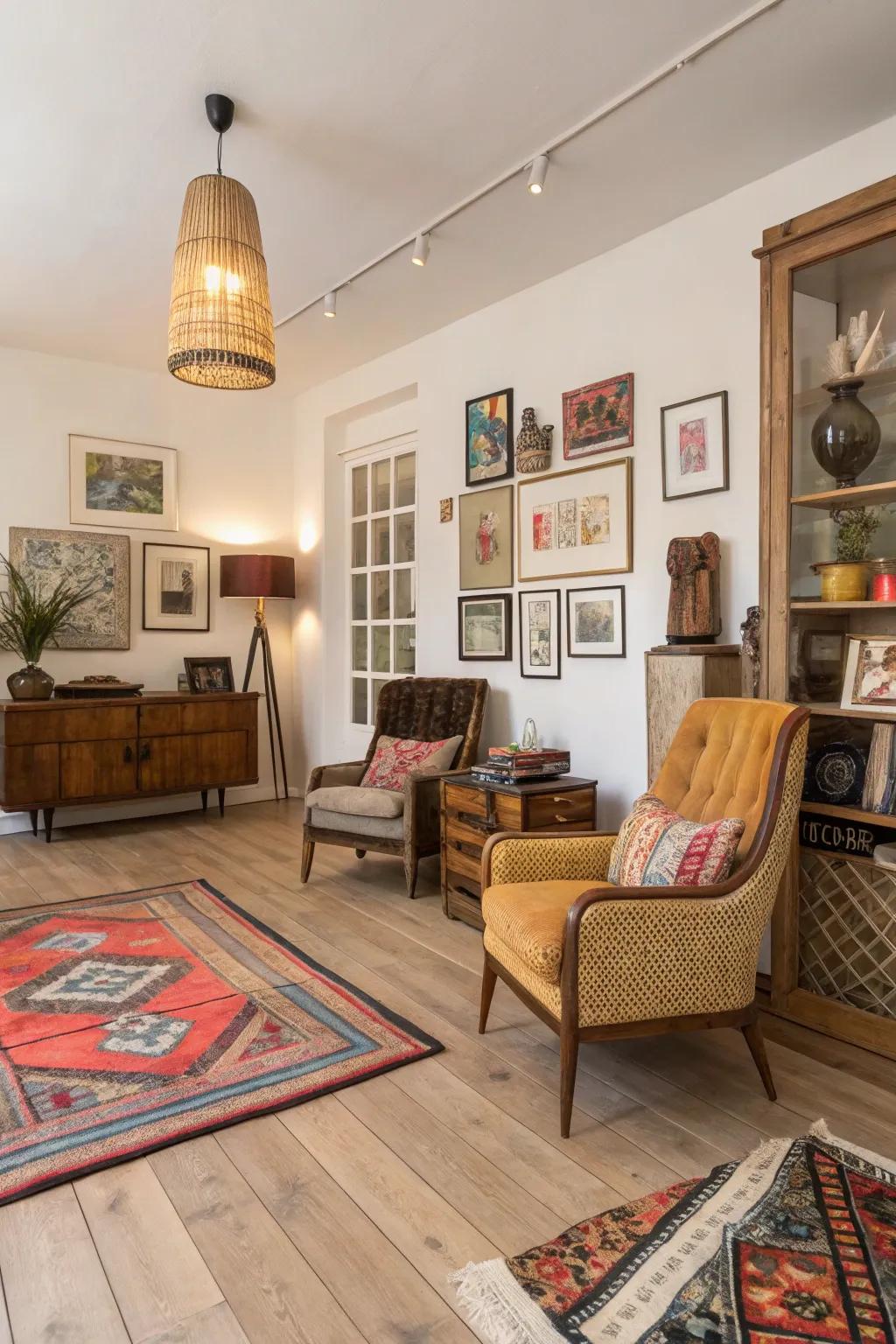 Unconventional décor finds harmony with bright timber floors.