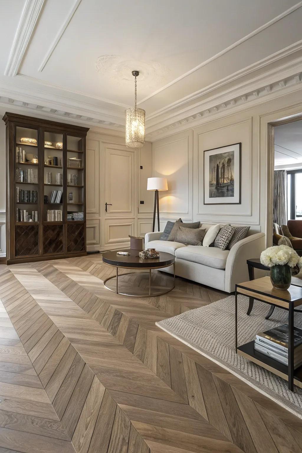 Establish visual fascination via herringbone patterned flooring.