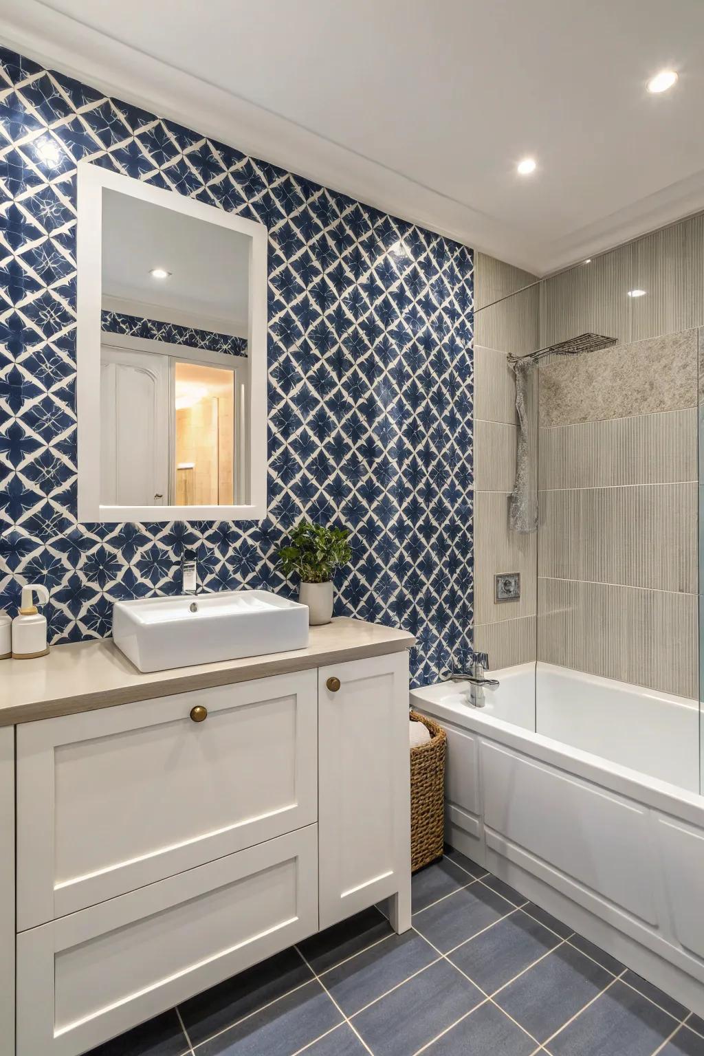 Mosaic tiles establish an artistic centerpiece in the bathroom.