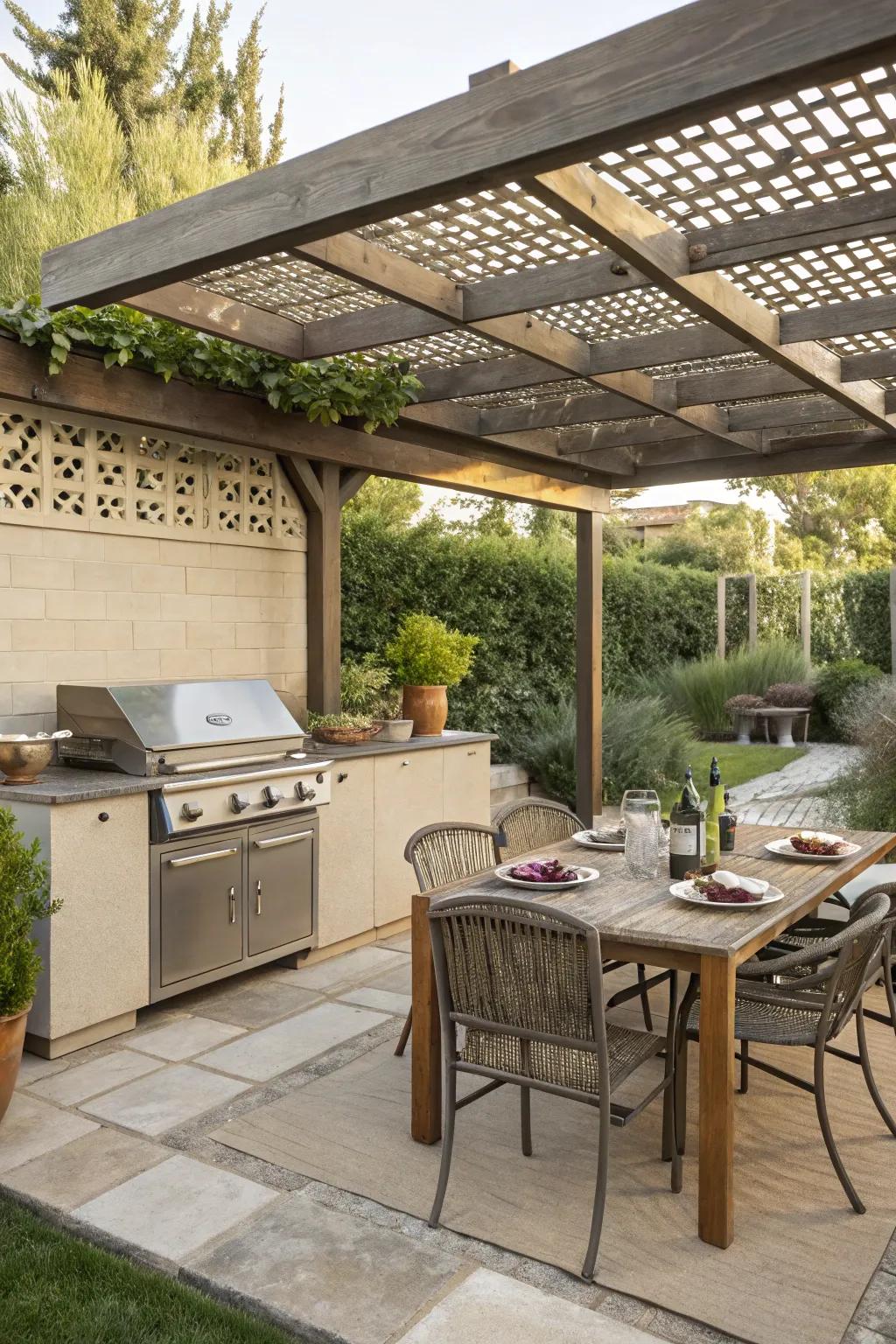 Pergola delineating separate cooking and dining zones.