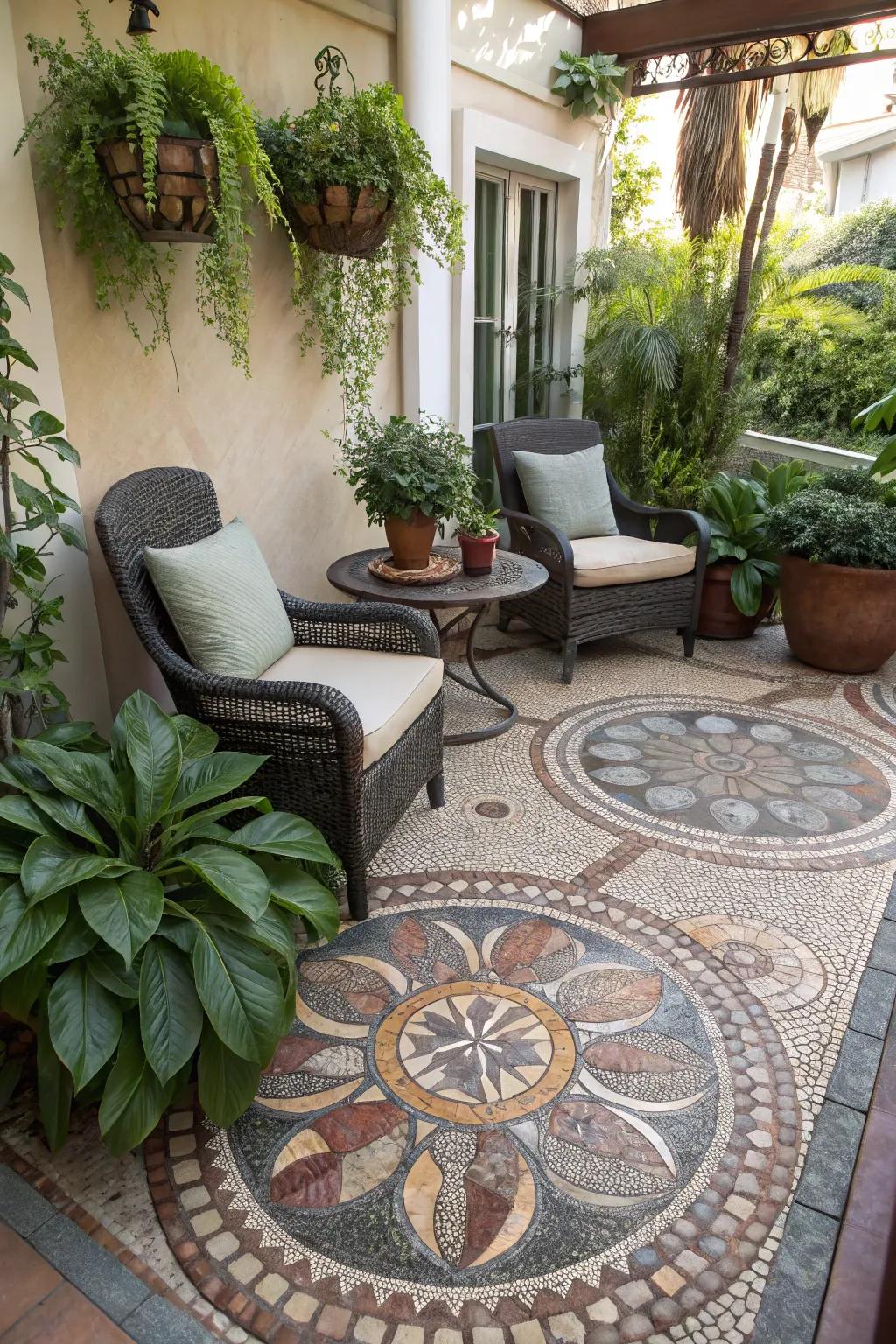 Stone mosaics infuse artistry and personality into patios.