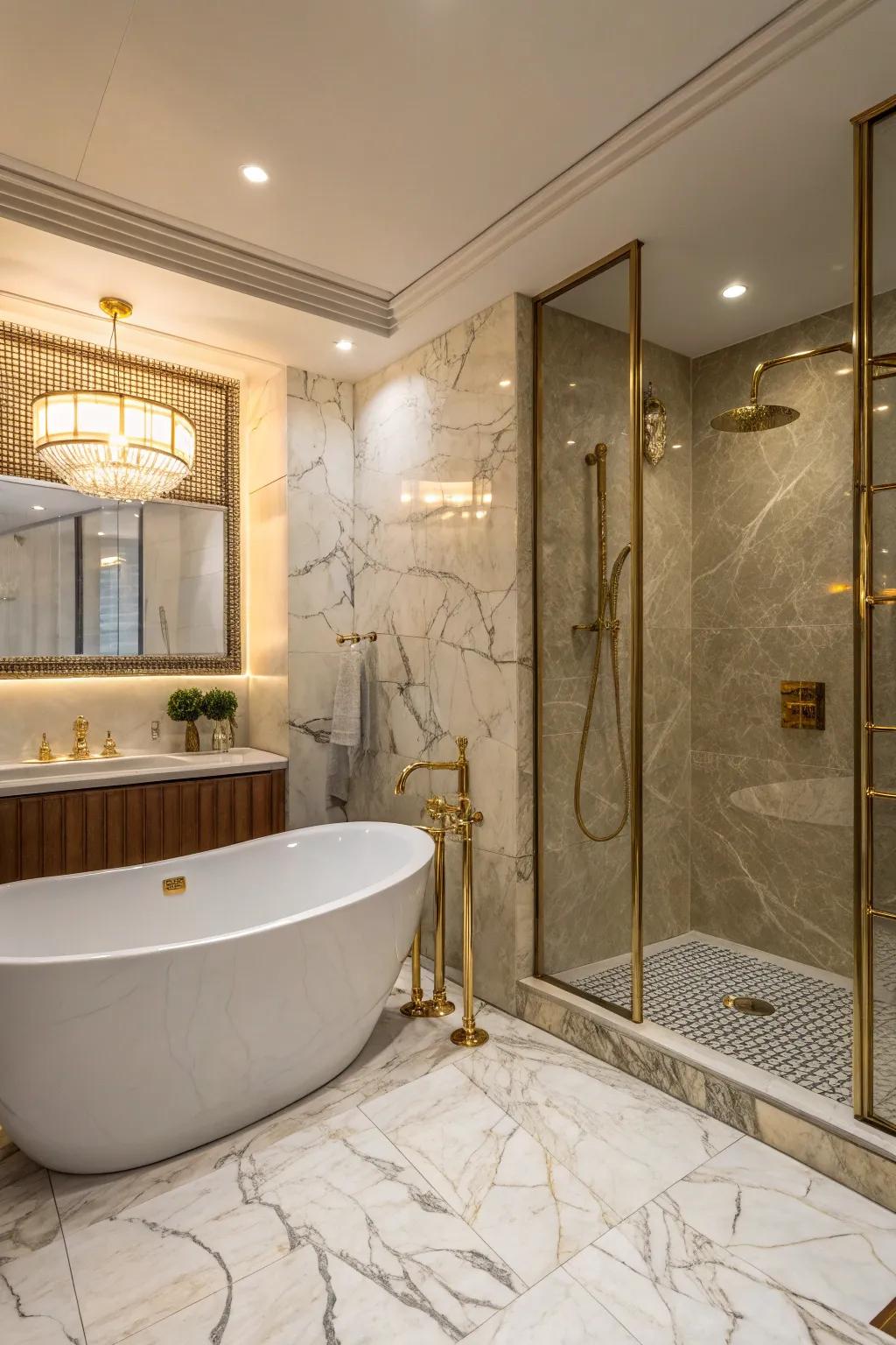 A lavish bathroom environment showcasing a fusion of a stand-alone tub and a shower.
