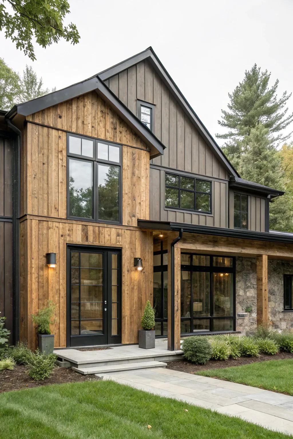 Board and batten cladding connects rustic and modern aesthetics.