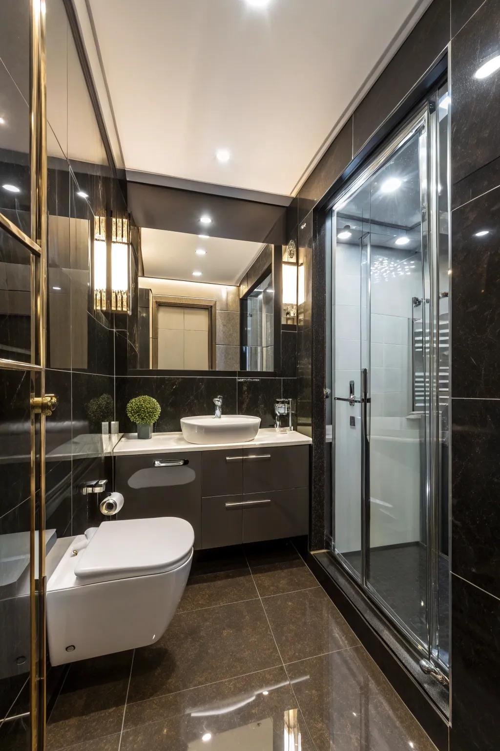 Shimmering finishes introduce a luxurious feel to this compact bathroom.