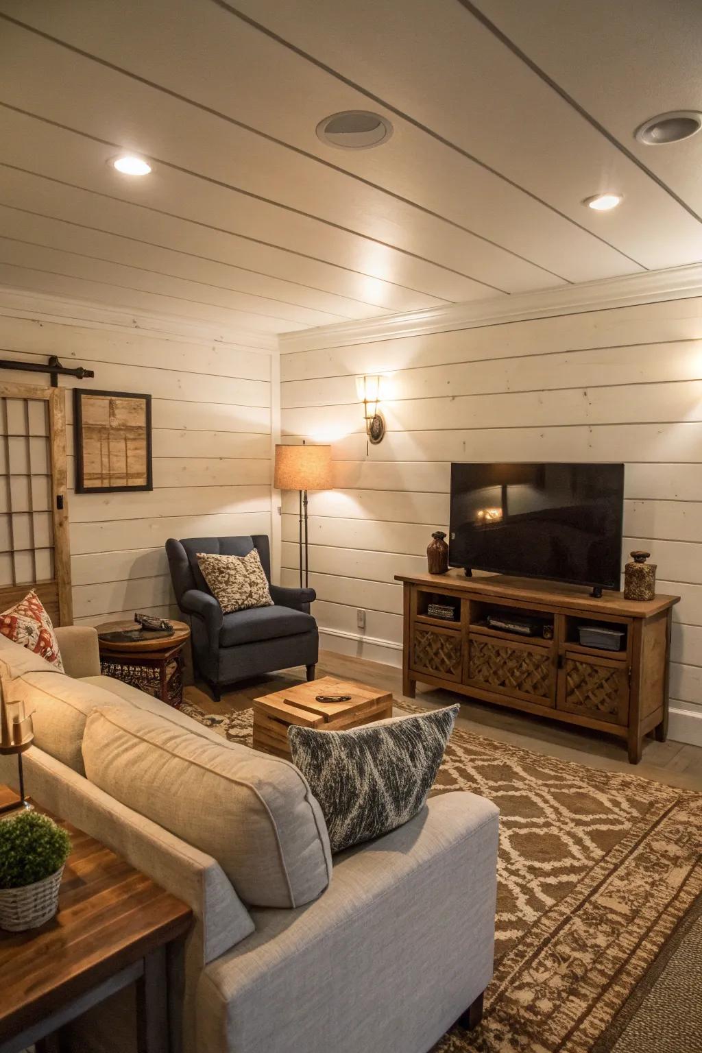 Horizontal board feature walls contribute warmth and allure.
