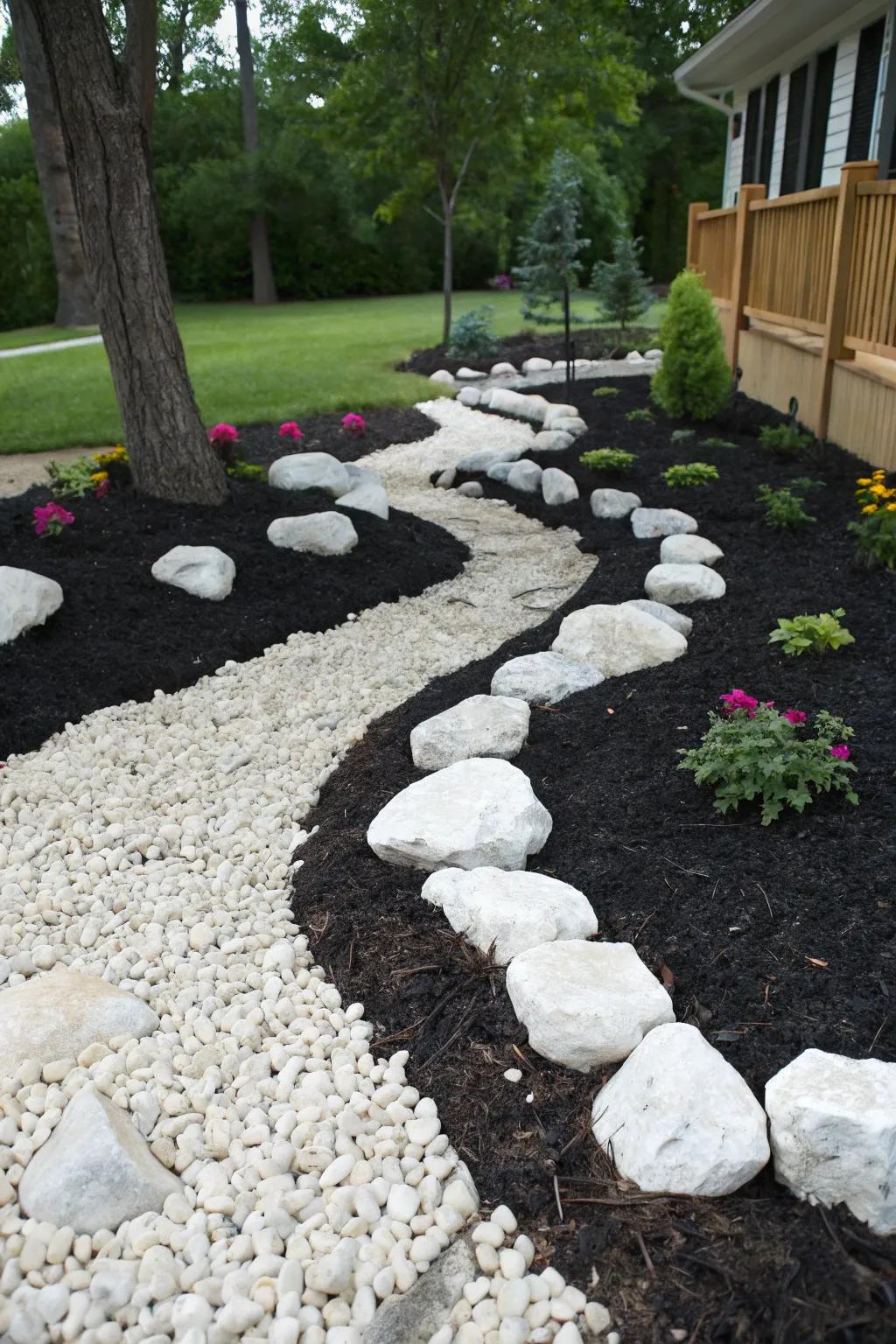 A garden with a striking contrast of white stones against dark compost, enhancing visual appeal.