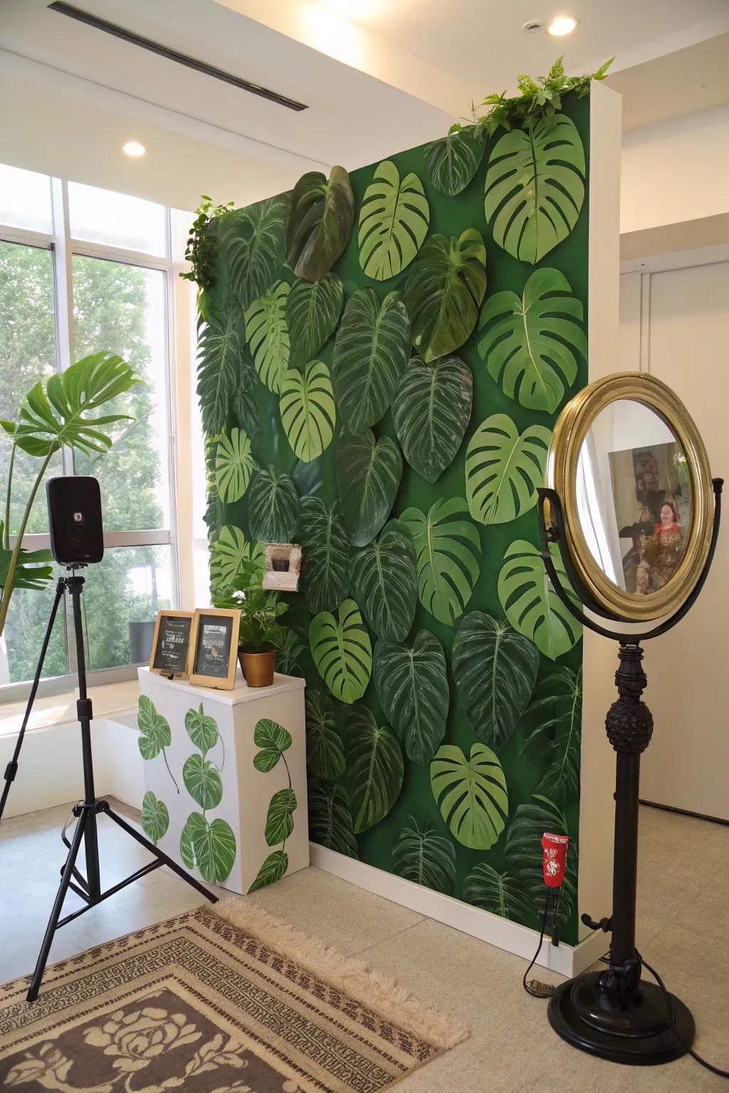 Monstera leaves create a stunning image booth backdrop.