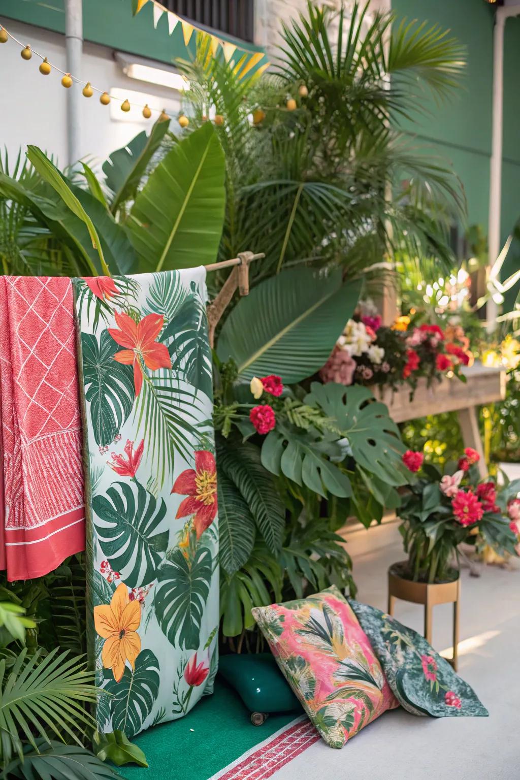 A tropical mood board featuring vibrant plants and exotic components.