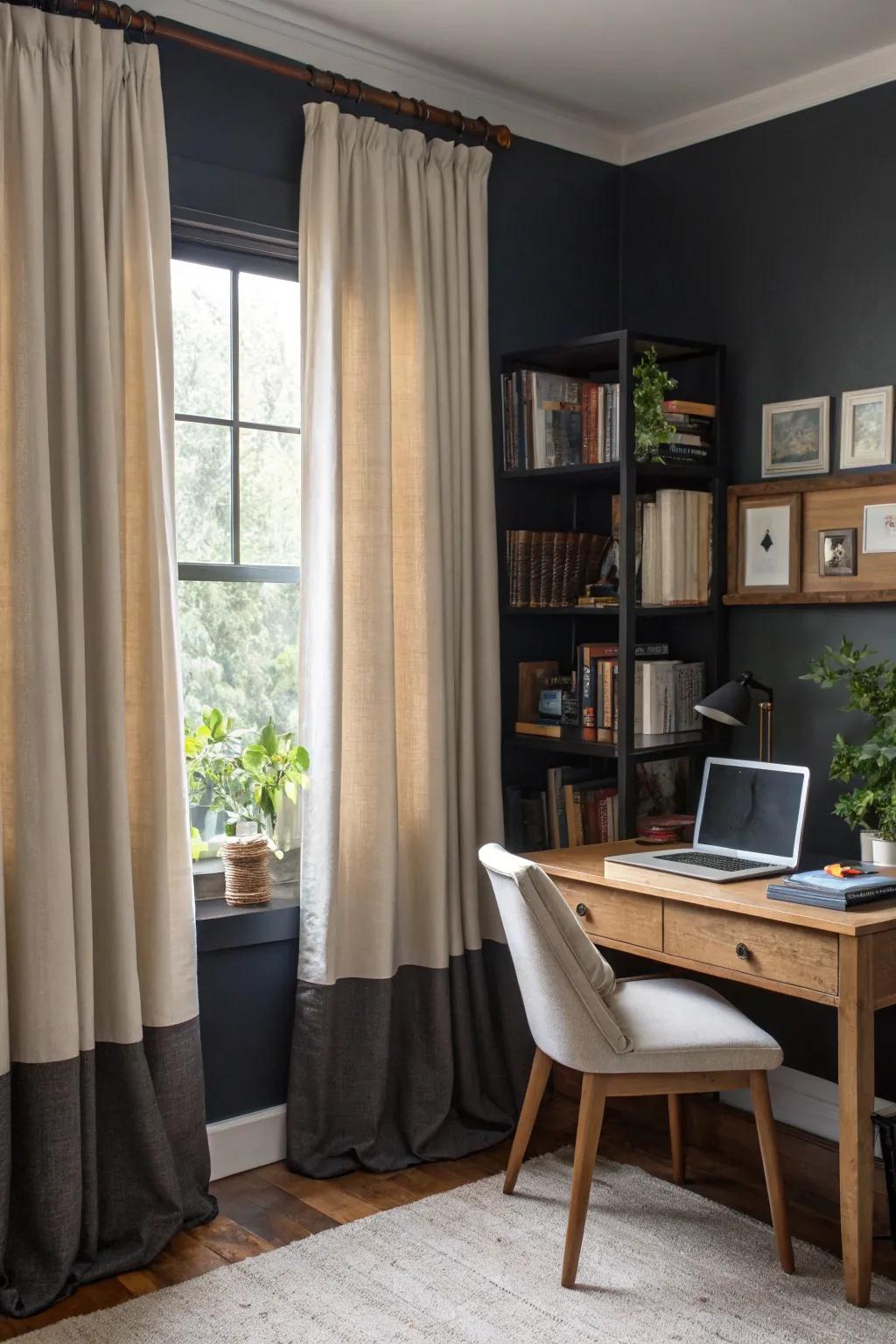 Layered window coverings add depth and control to lighting and privacy.