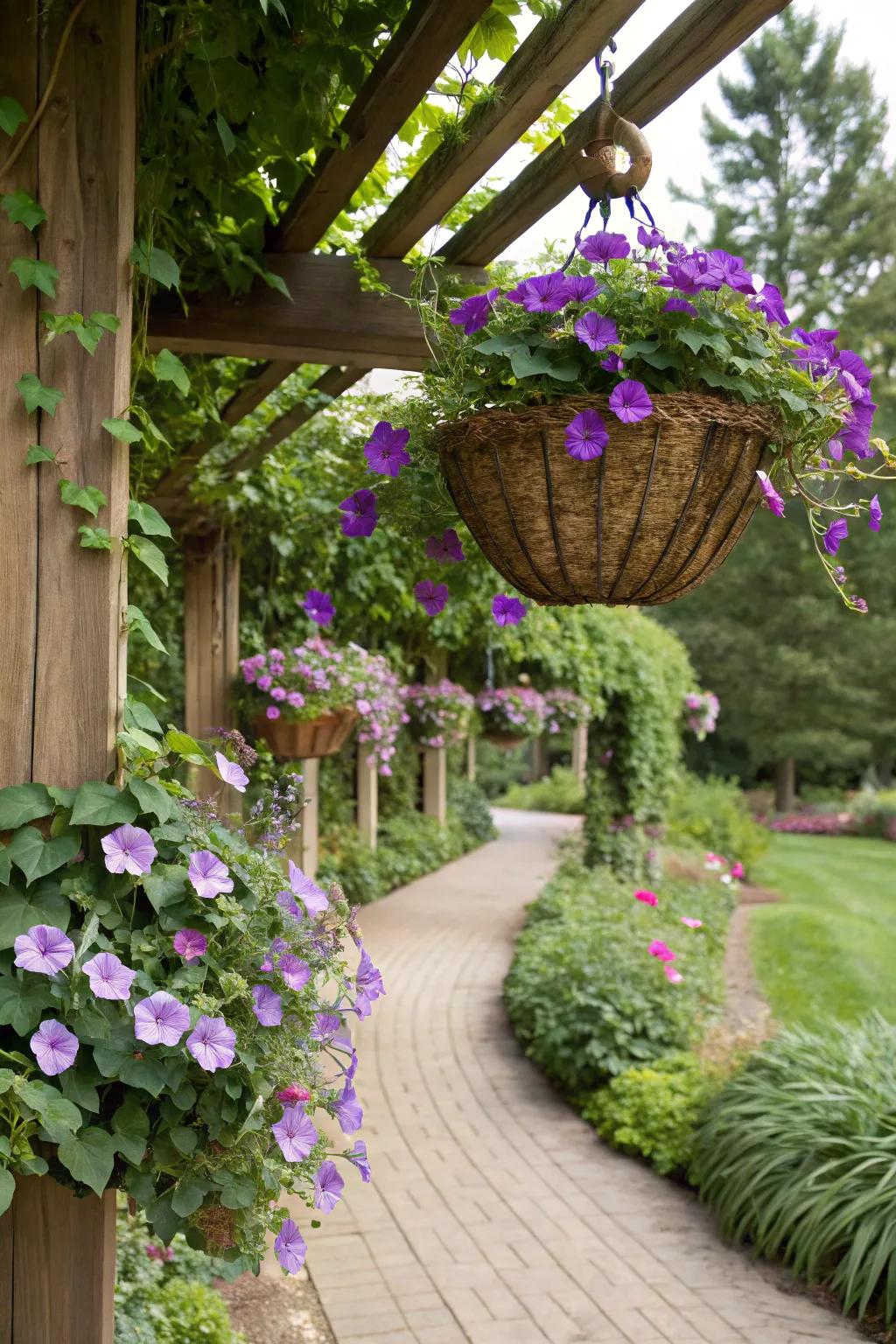 Corners of gardens are enhanced by hanging baskets filled with cascading morning glories.