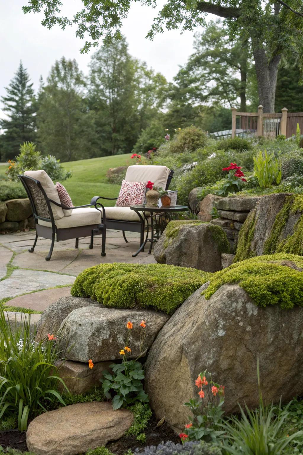 A cozy garden seating area using moss stones as organic seating.