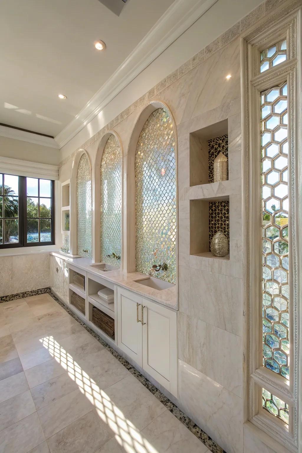 Stylish alcoves lined with nacre tiles introduce both style and utility.