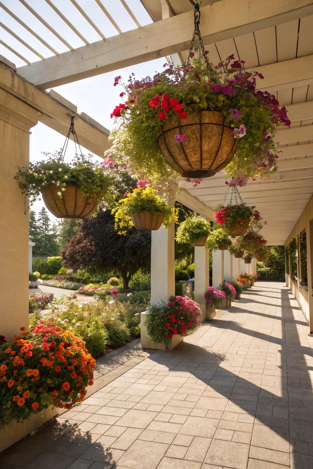 Suspended floral receptacles transform outdoor environments into abundant gardens.