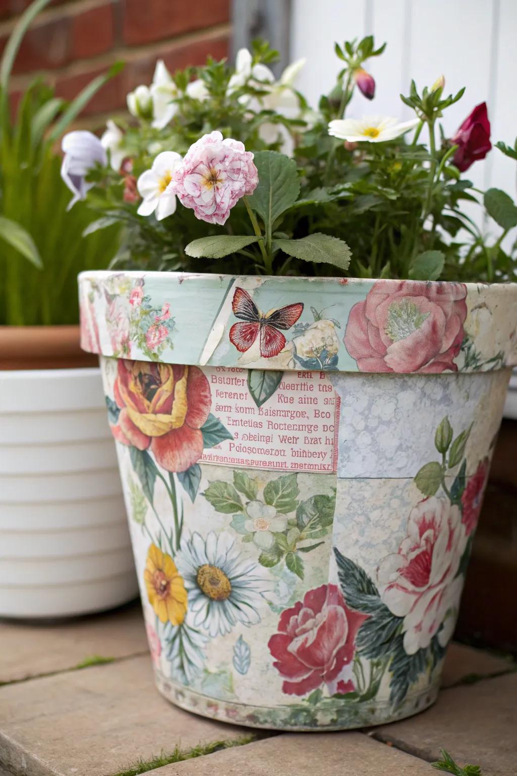 A flower pot transformed with decoupage art.