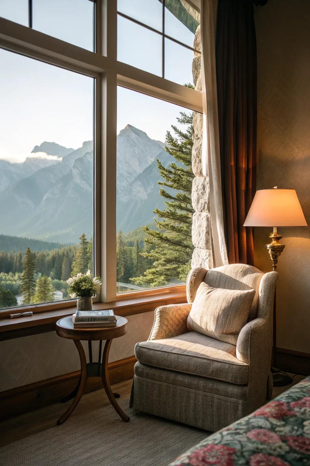 A reading nook offers a peaceful escape with a beautiful view.
