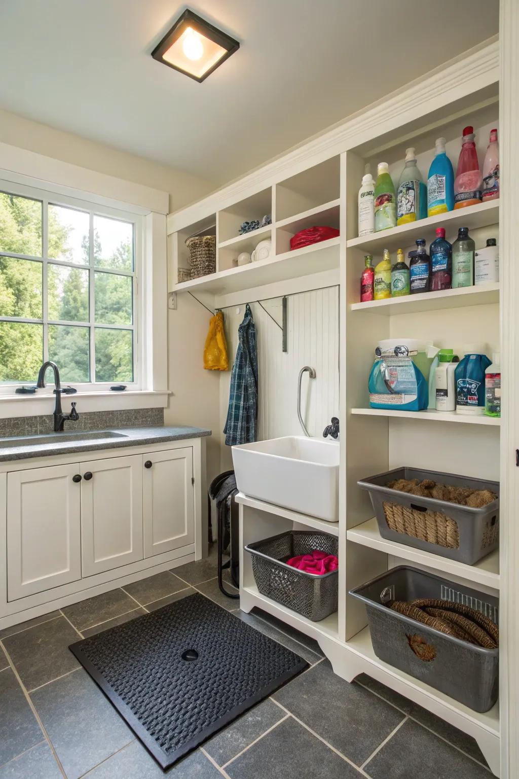 A mudroom featuring a specialized pet station that offers washing and storage areas.