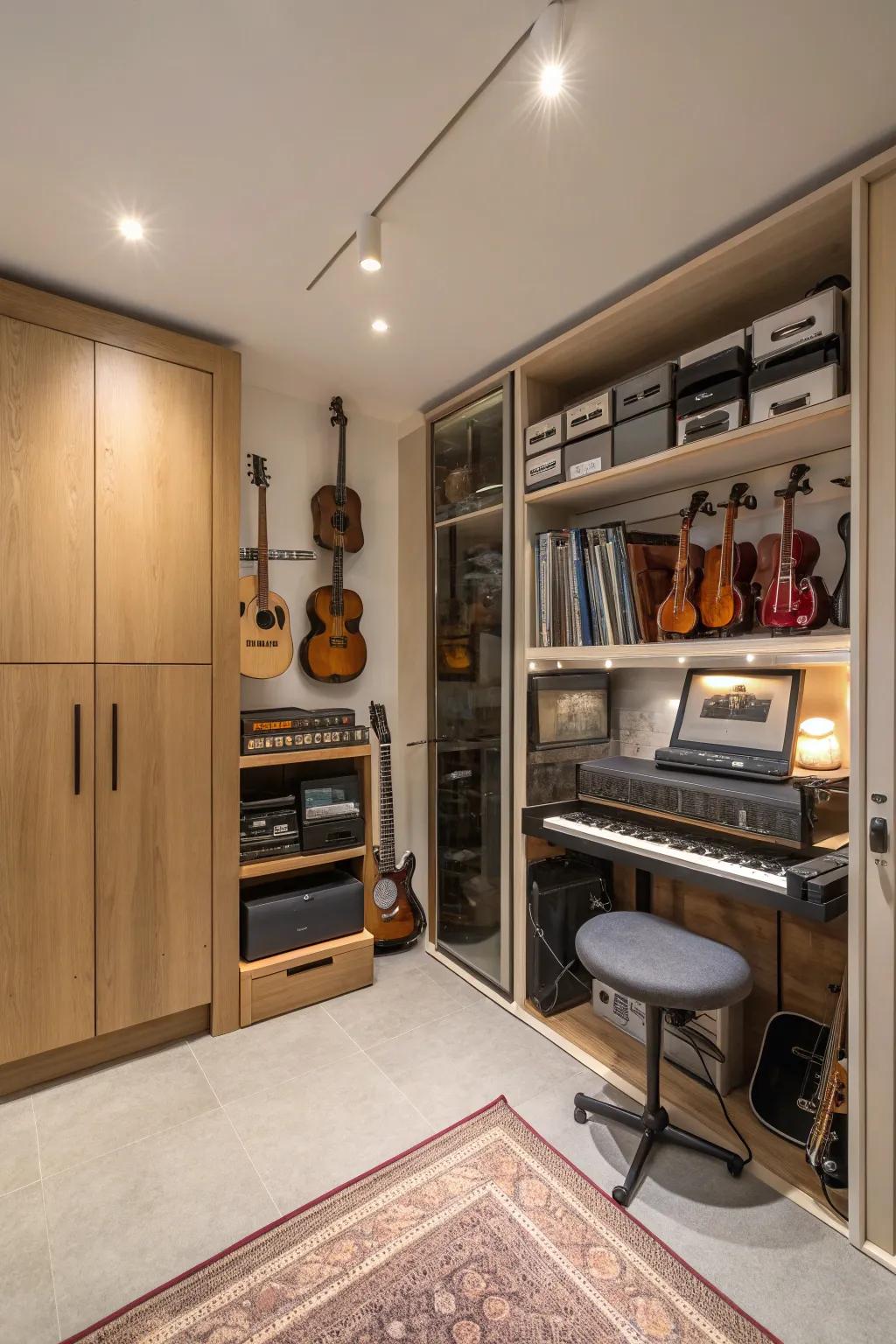 Concealed storage keeps things uncluttered and well-organized.