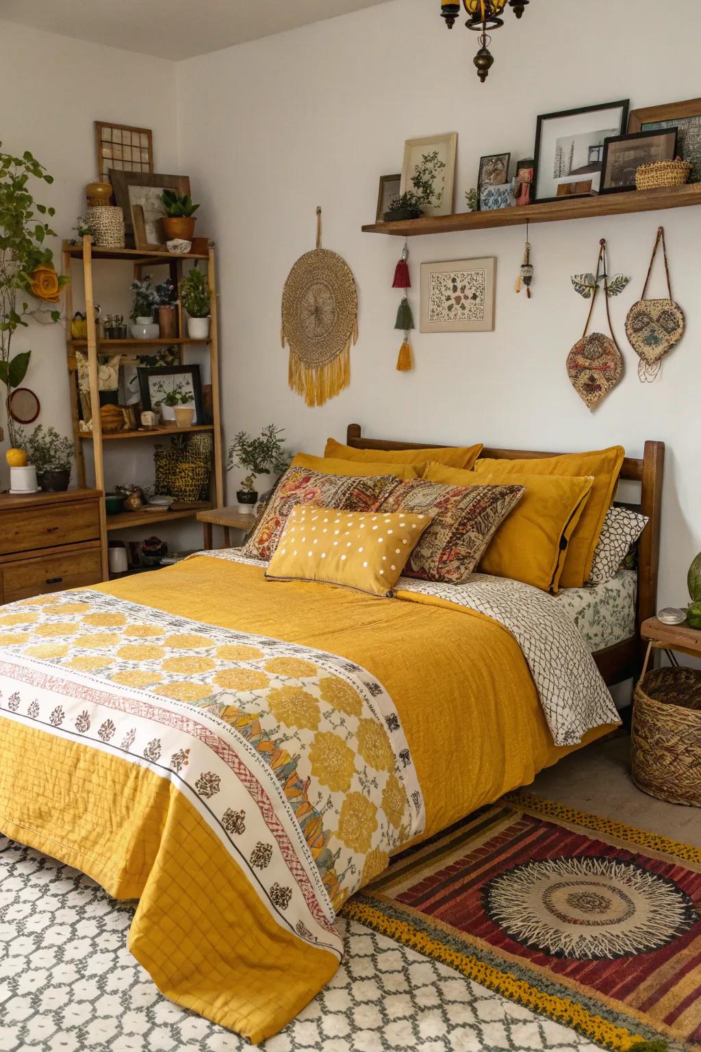 An eclectic bedroom displaying a mix of textures and goldenrod tones.