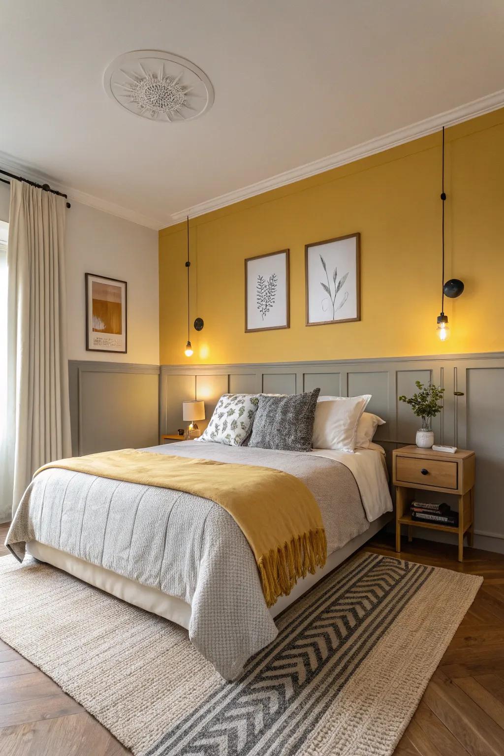 A bedroom exhibiting dual-tone walls displaying wheat and mild gray.