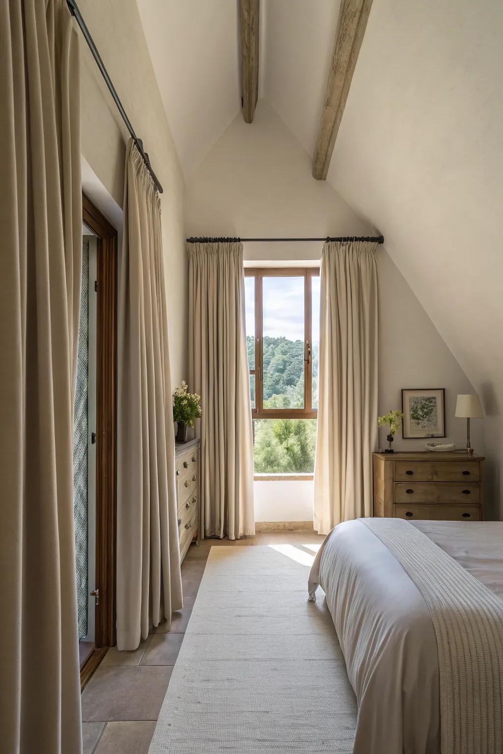 High-hung curtains enhance the sense of height in a slender bedroom.