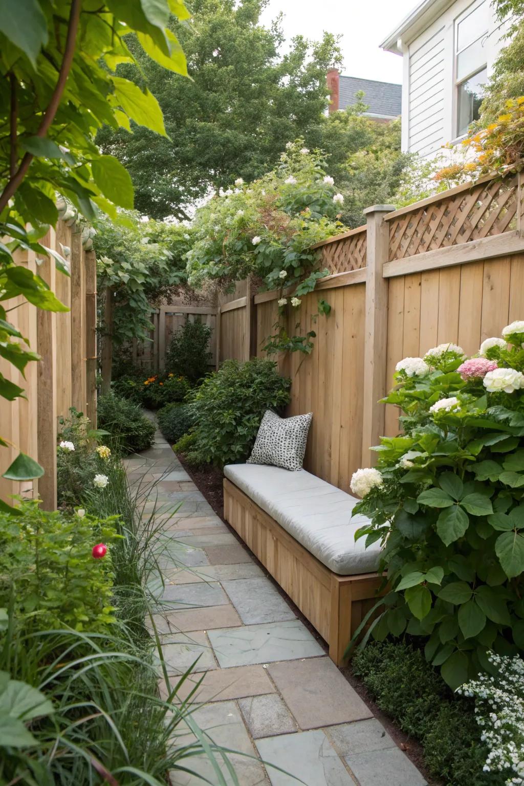 Multi-functional furniture maximizes space in a narrow garden.