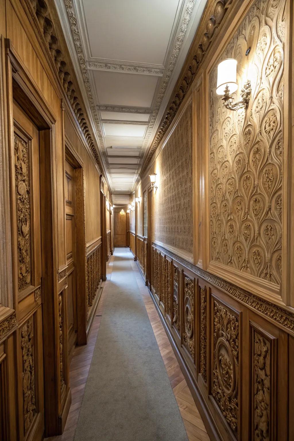 Paneling adds sophistication and depth to hallway walls.