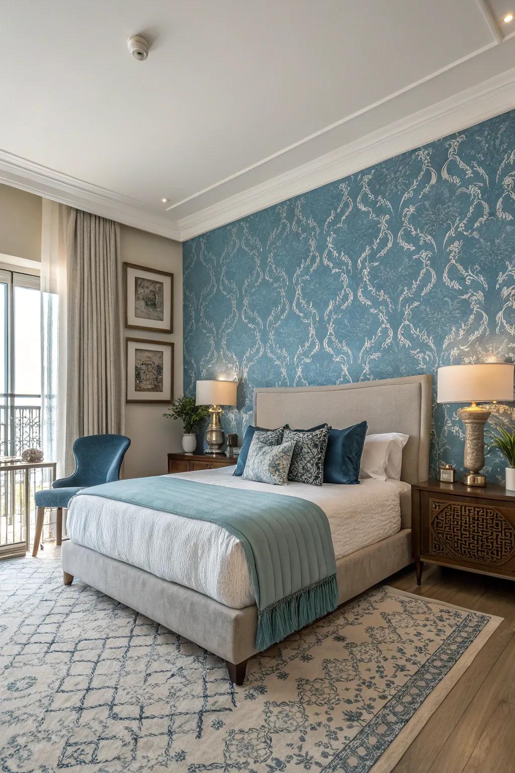 A blue patterned covering for a statement wall adds character and dimension to this bedroom.