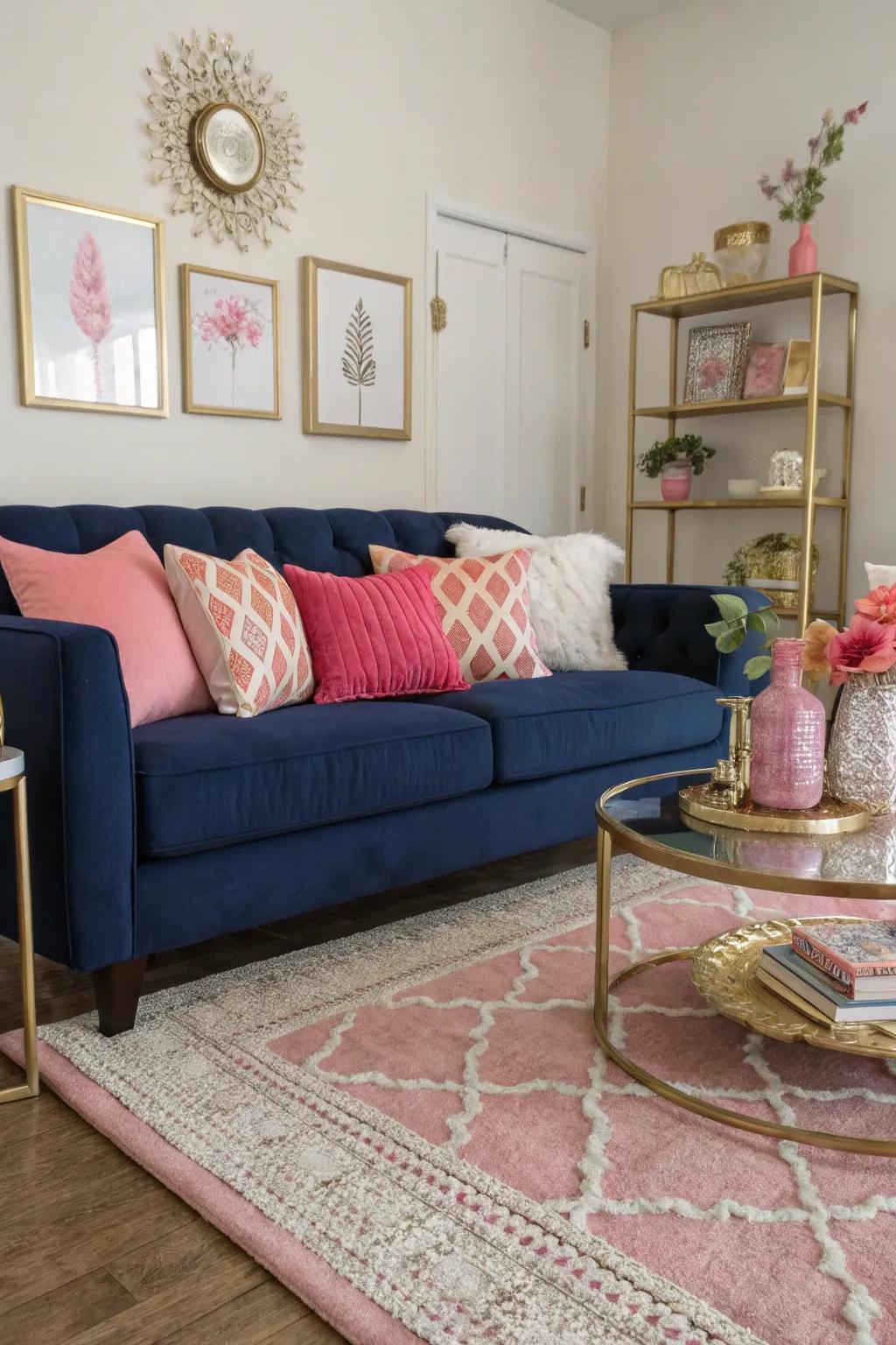 Navy furniture sets a strong foundation for rose accents.