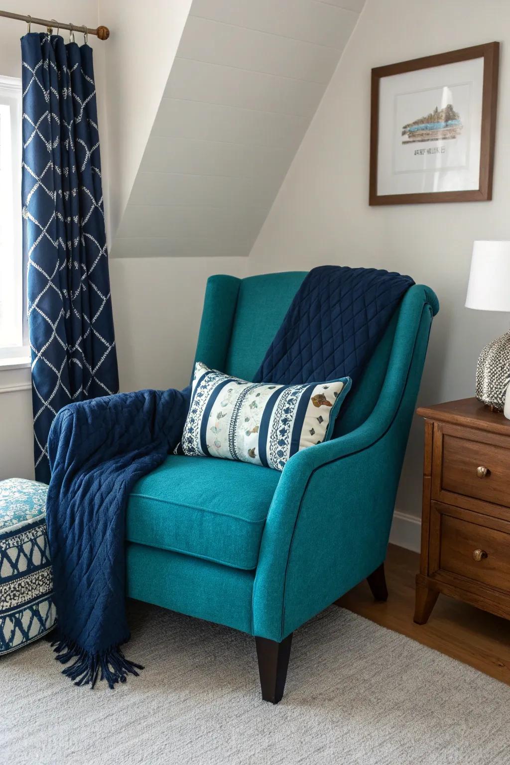 A teal chair acts as a vibrant highlight and practical seating option.