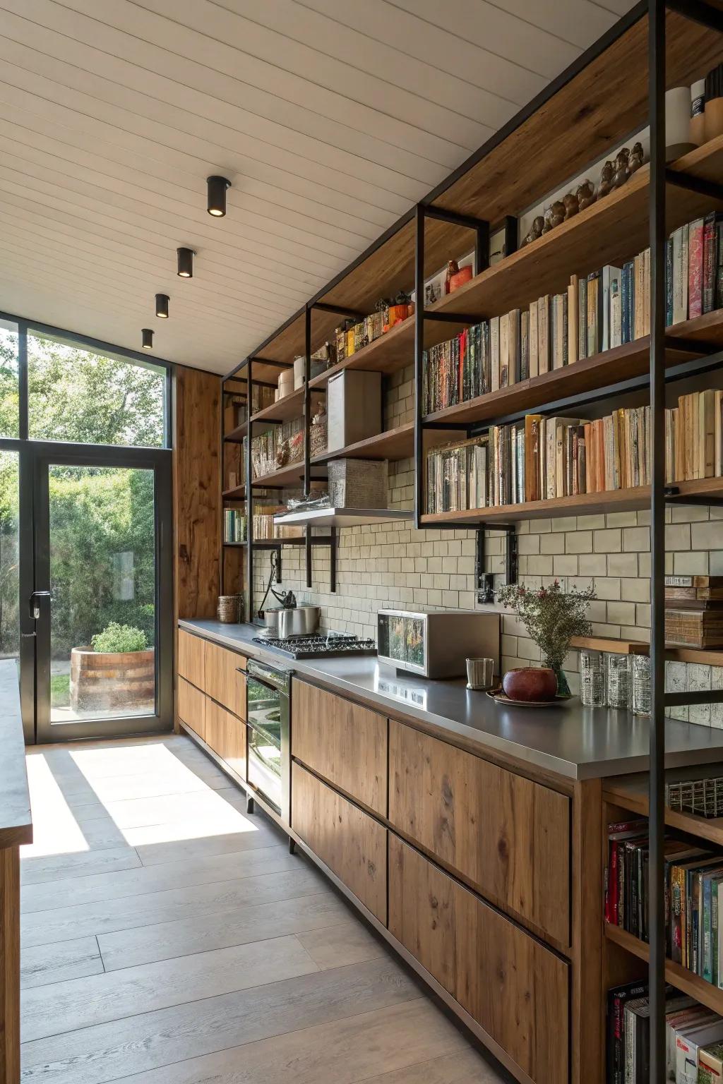 A cooking area showcasing creative shelving, seamlessly merging storage and aesthetic.