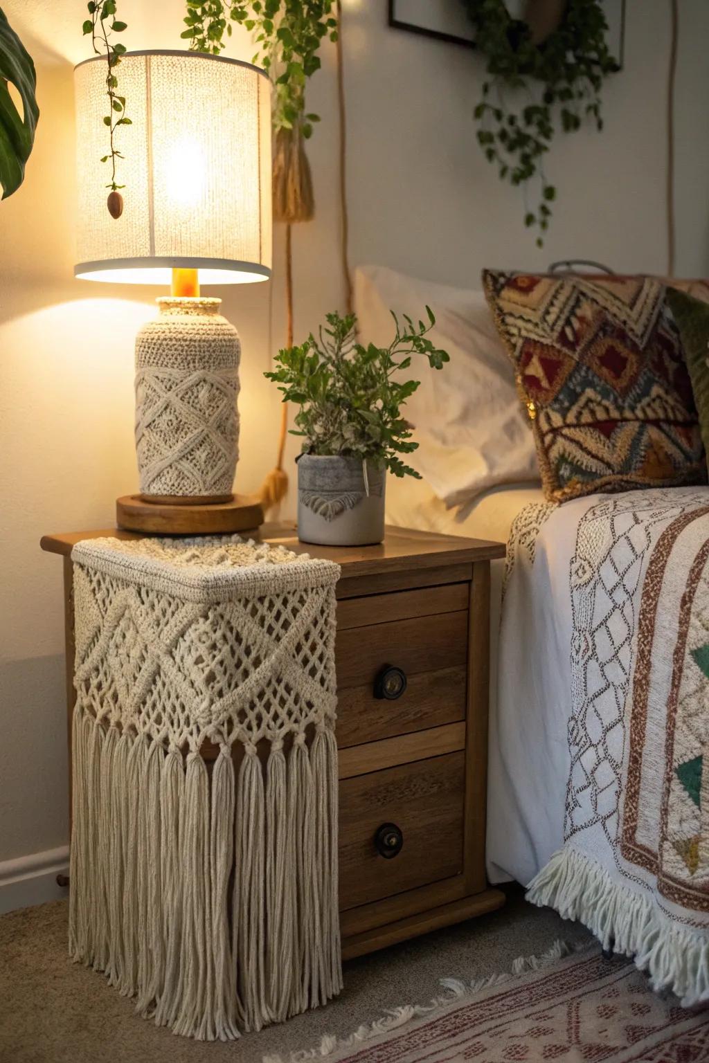 Macramé adds a bohemian flair to your nightstand.