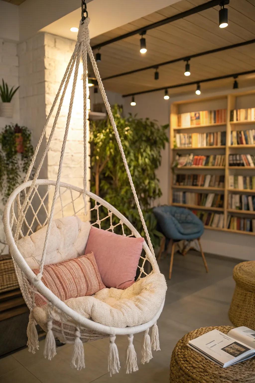 A playful nook showcasing a chic hanging chair for a suspended sensation.