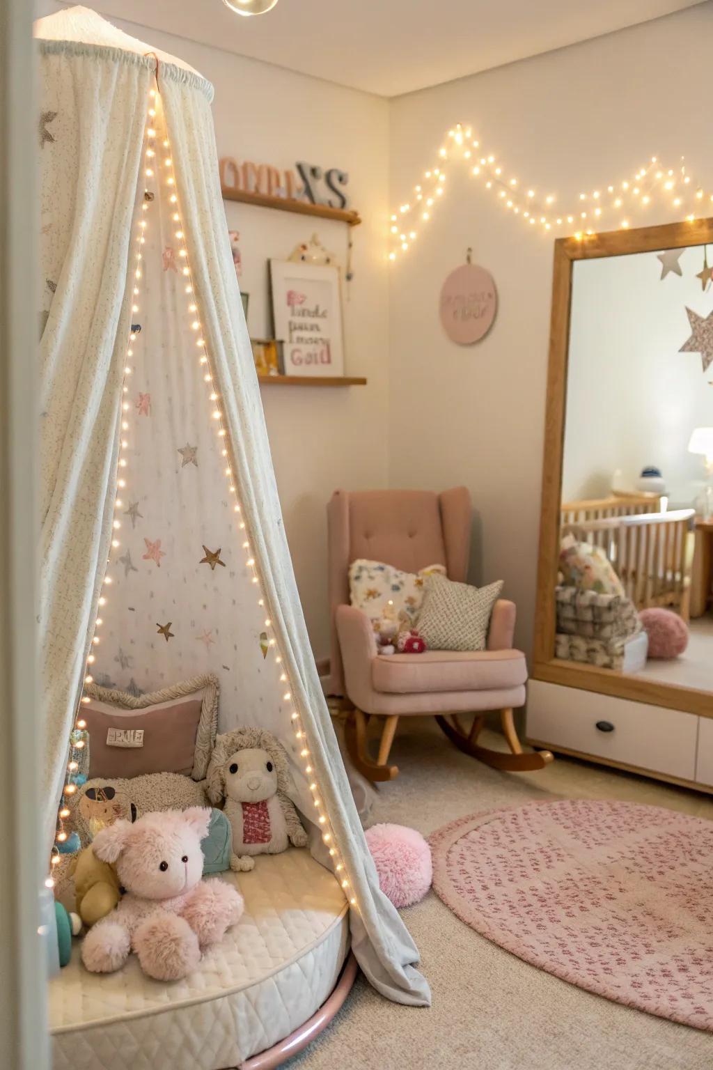The comforting vibe of this nursery is amplified by a mirror that reflects the overhead canopy.